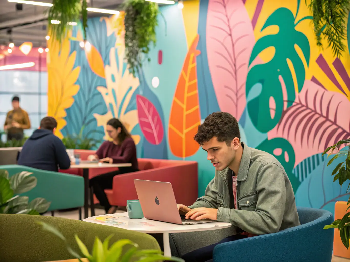 An entrepreneur working on a laptop in a vibrant co-working space, surrounded by notes and business plans, symbolizing the drive and innovation of entrepreneurship.