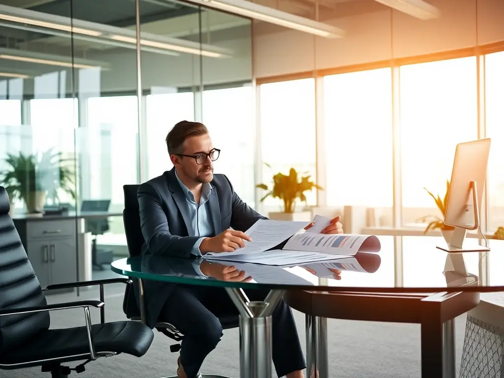 A professional business coach in a modern office setting, working closely with a client, reviewing business strategies and financial reports, with a focus on personalized coaching.