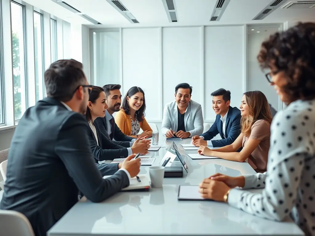 A diverse group of business professionals participating in a leadership workshop, actively engaged in discussions and collaborative problem-solving, emphasizing team building and strategic thinking.