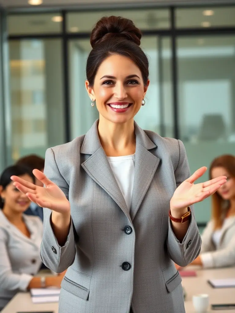 A confident woman in a business suit, leading a team meeting in a modern office setting, symbolizing leadership coaching.