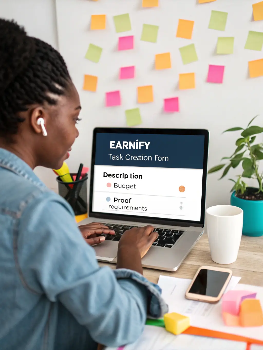 A woman entrepreneur working on her laptop in a vibrant co-working space, representing entrepreneurship coaching.