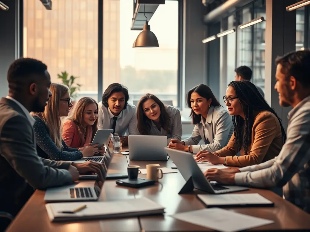A diverse group of professionals participating in a workshop, engaging in collaborative problem-solving and strategic discussions, highlighting the power of teamwork and shared goals.